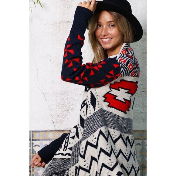 Navy & Red Nordic Pattern Cardigan Sweater - Picture 2 of 7